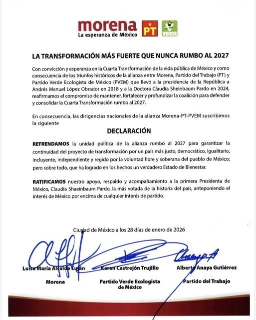 Morena, PVEM y PT irán juntos en elección del 2027 anuncian dirigencias Morena, PVEM y PT irán juntos en elección del 2027 anuncian dirigencias