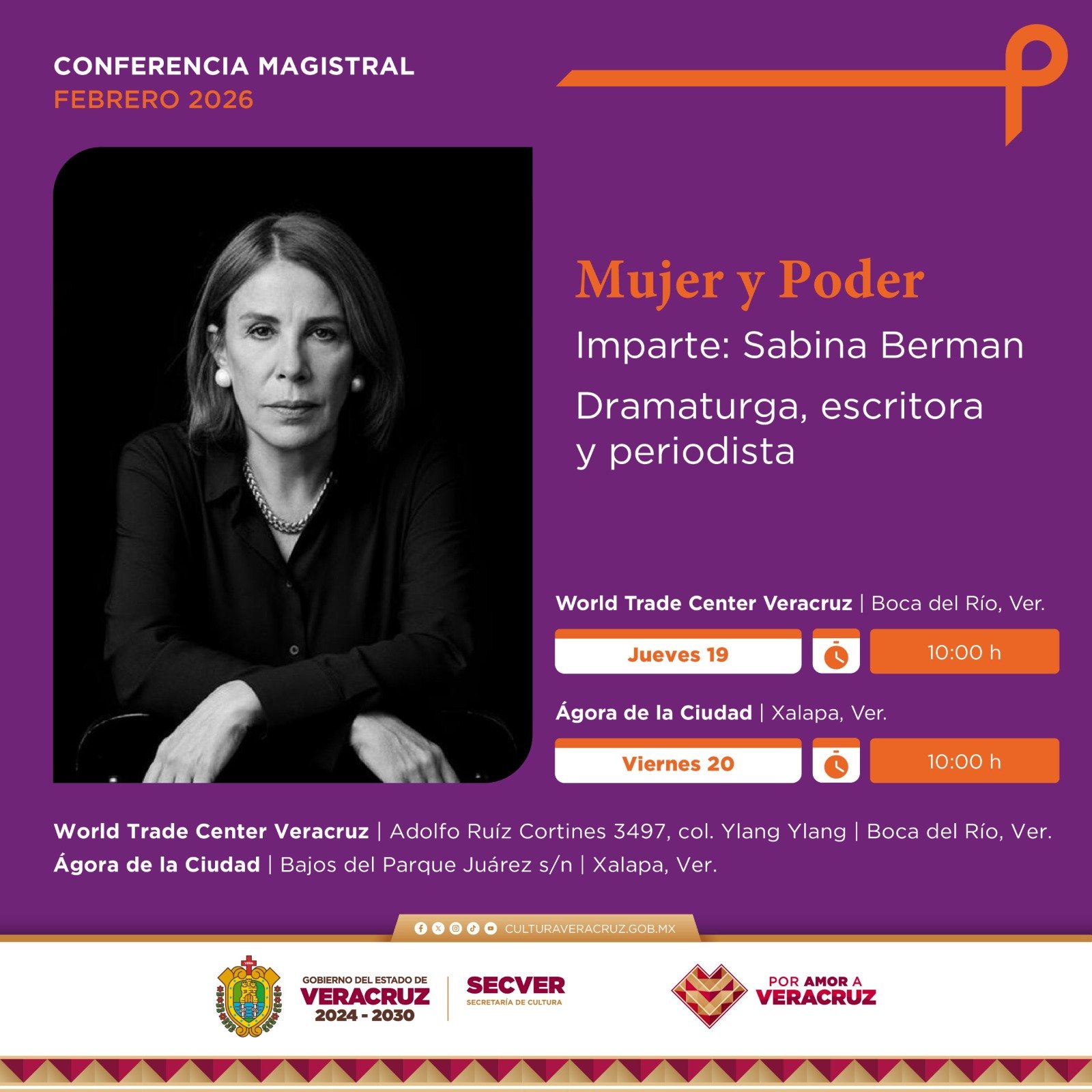 Invita SECVER a la conferencia magistral Mujer y Poder, impartida por Sabina Berman Invita SECVER a la conferencia magistral Mujer y Poder, impartida por Sabina Berman
