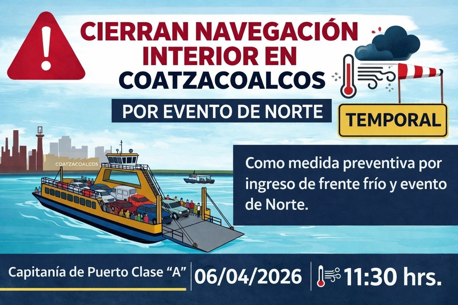 Cierran navegación interior en Coatzacoalcos por evento de Norte Cierran navegación interior en Coatzacoalcos por evento de Norte