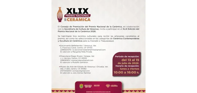 SECVER habilita tres sedes para recibir obras participantes del Premio Nacional de Cerámica SECVER habilita tres sedes para recibir obras participantes del Premio Nacional de Cerámica